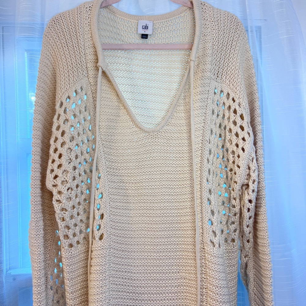 CAbi Cream V-Neck Sweater with Lattice Texture